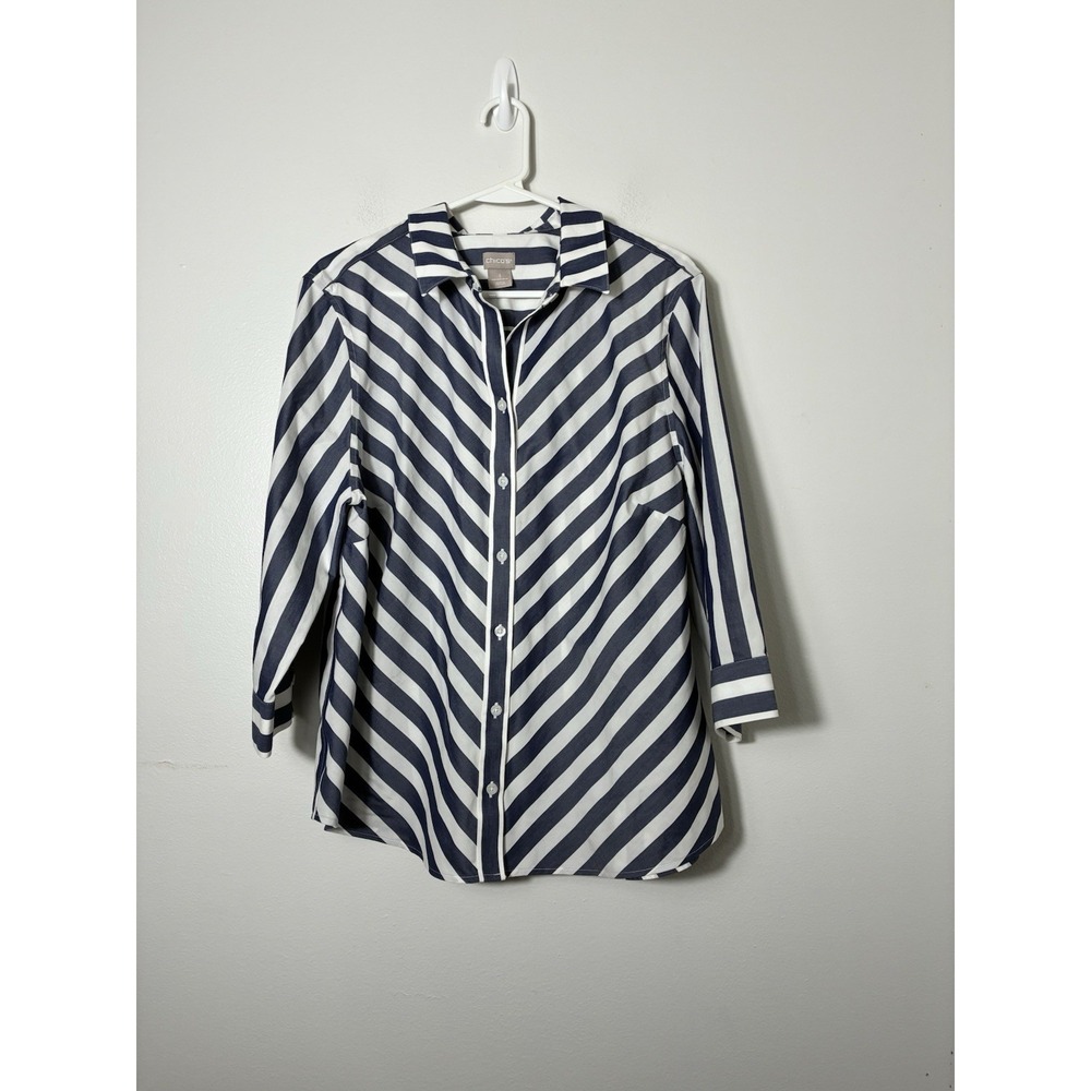 Chicos Button Front Blouse Women's Sz 3 US 16/18 Striped 100% Cotton Minimalist